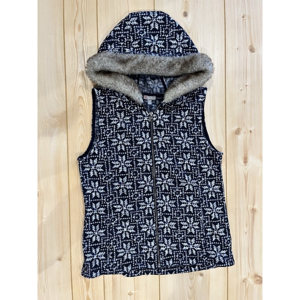 Talbots Womens Knit Vest Navy White Snowflake Faux Fur Hood Medium Winter M
